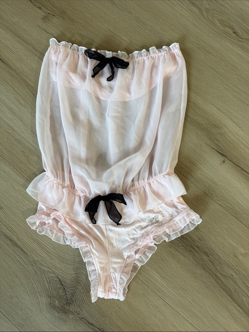 Victoria’s Secret Vintage Sheer Pink Ruffle One-Piece Bodysuit with Black Bows